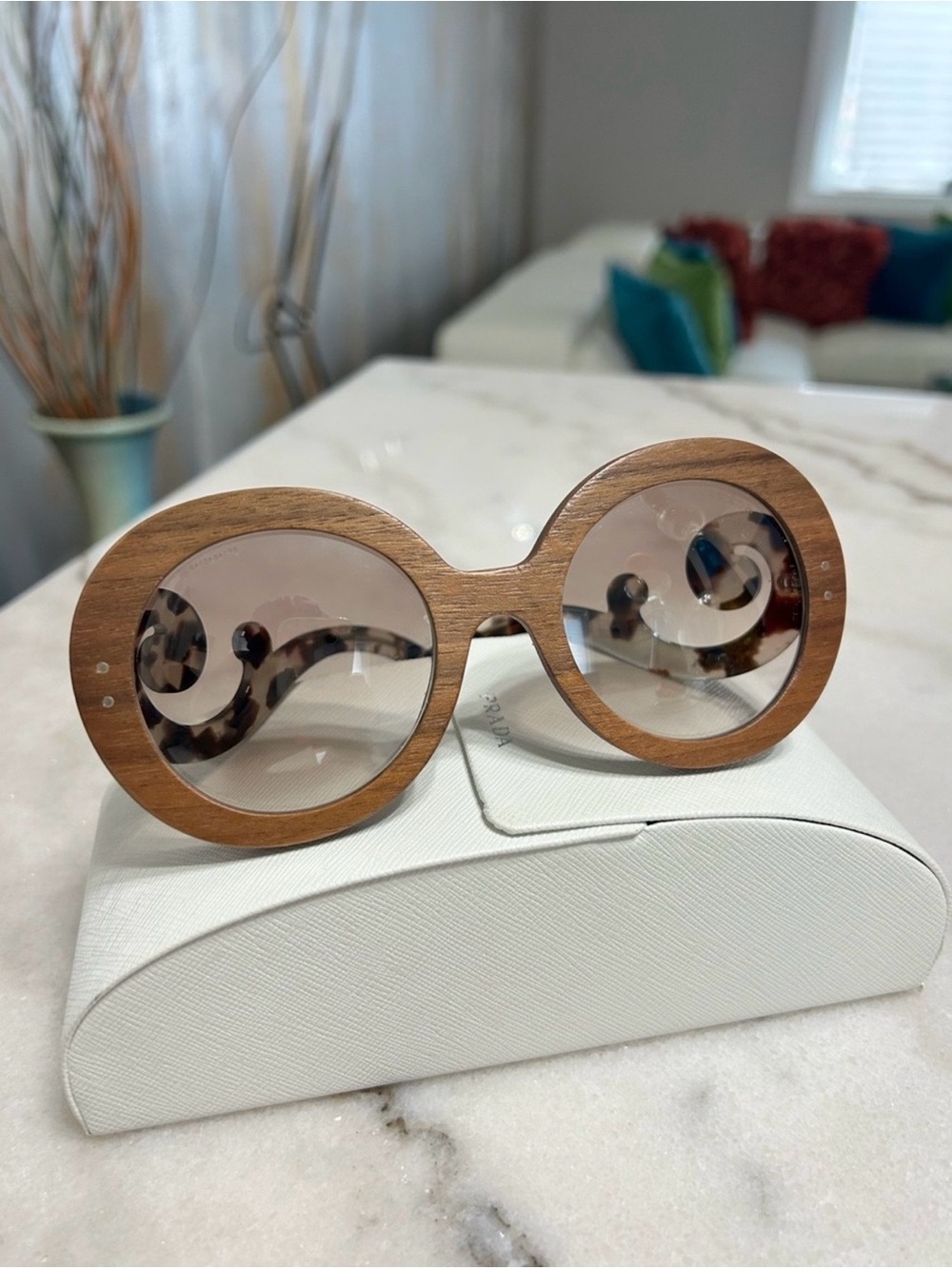 Prada Round Wooden Frame Sunglasses